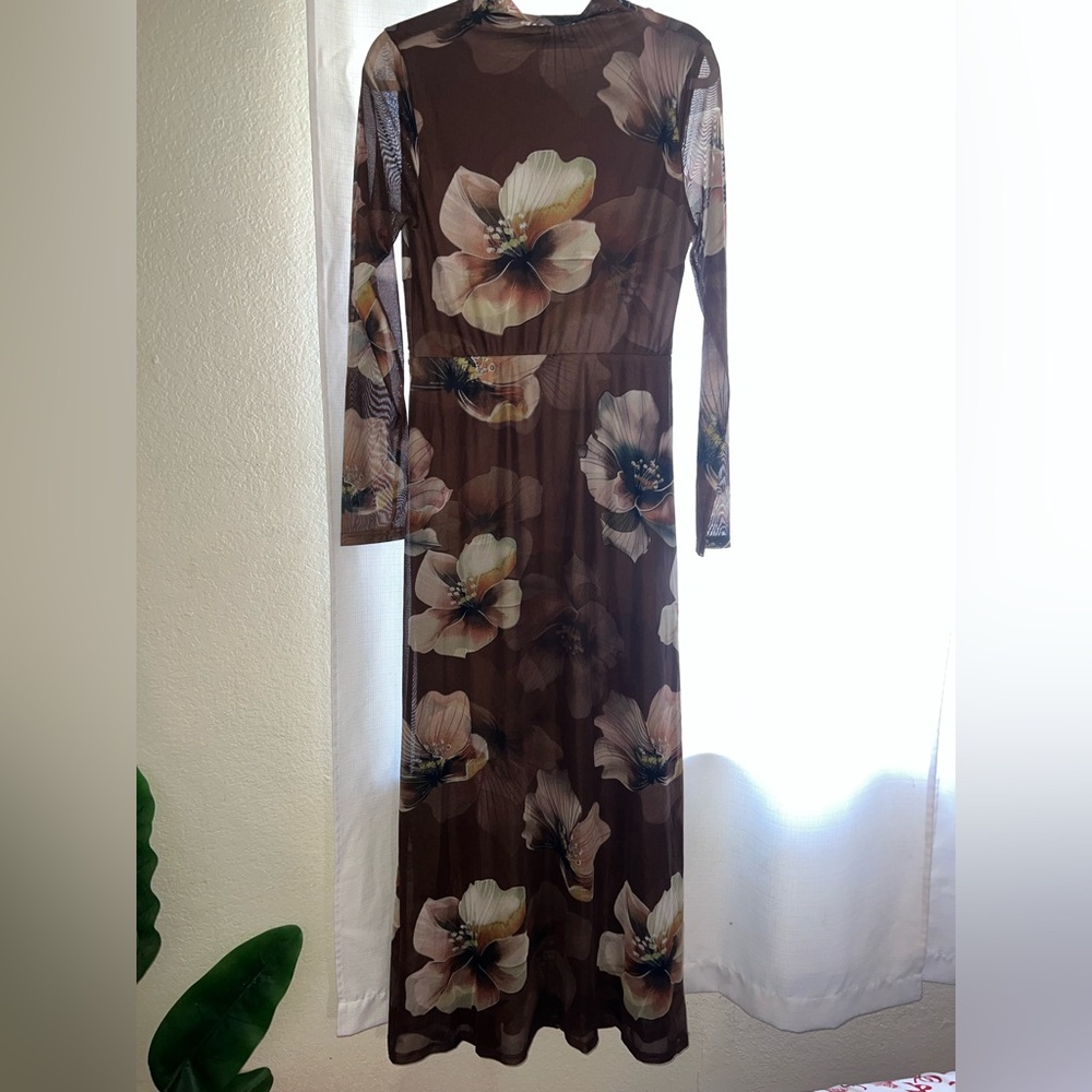 Jolie Moi Brown High Neck Long Sleeve Mesh Maxi Dress - Picture 9 of 9